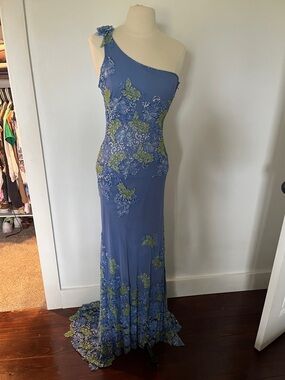 Attitudes by Renee One-Shoulder Periwinkle Gown with Green Floral Appliqué